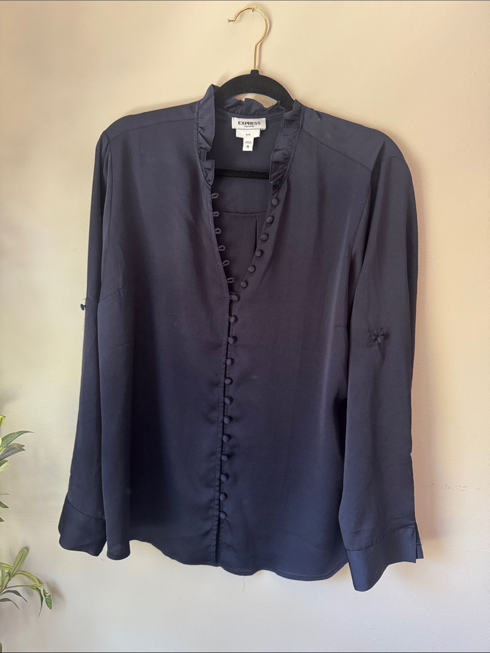 Express Women's Dark Navy Ruffled-Trim Button Blouse